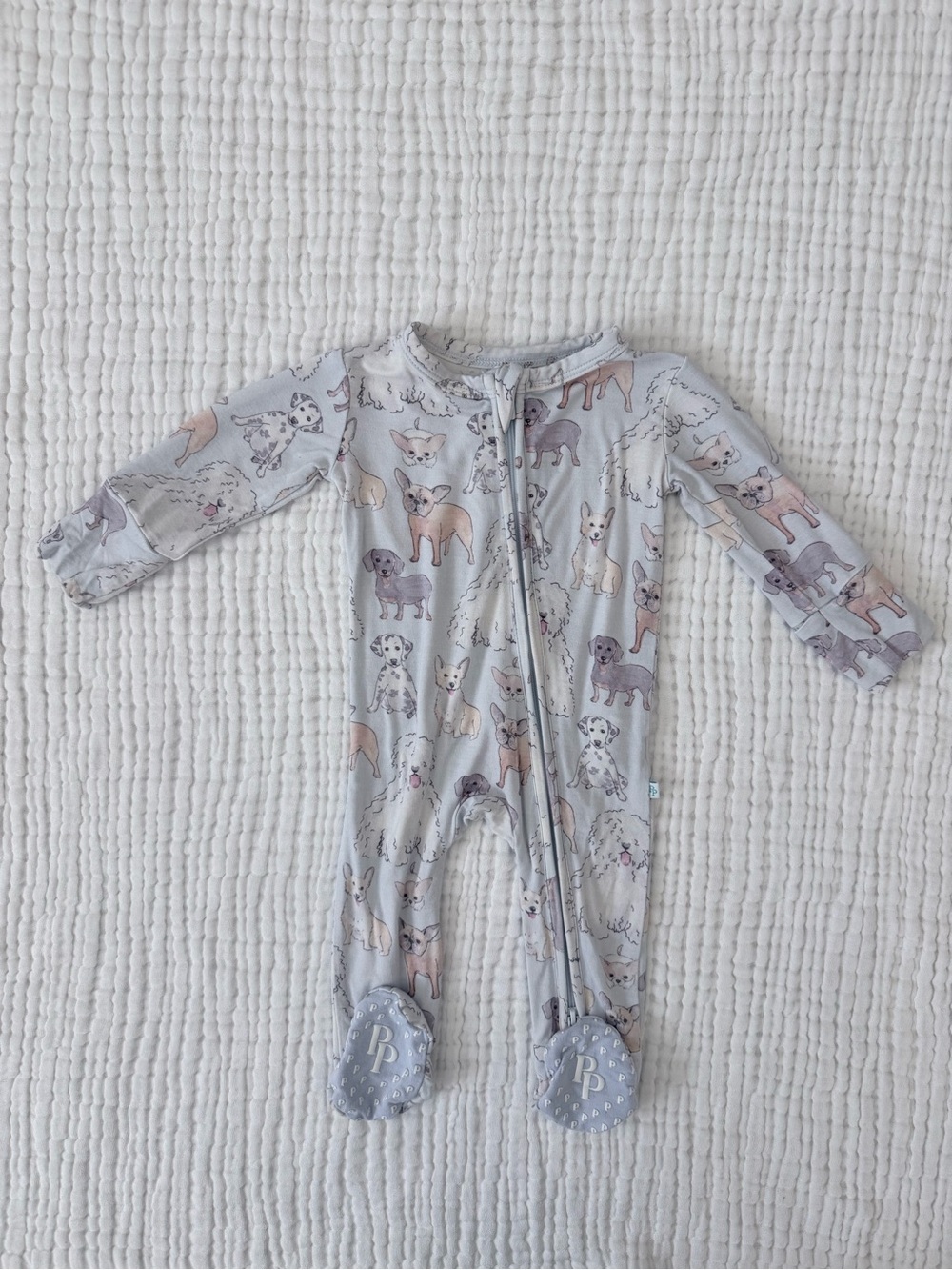 Posh Peanut Gray Puppy Print Zip Footed One-Piece